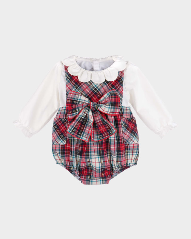 Girl's Gingerbread Plaid Bow Overalls, Size 6M-18